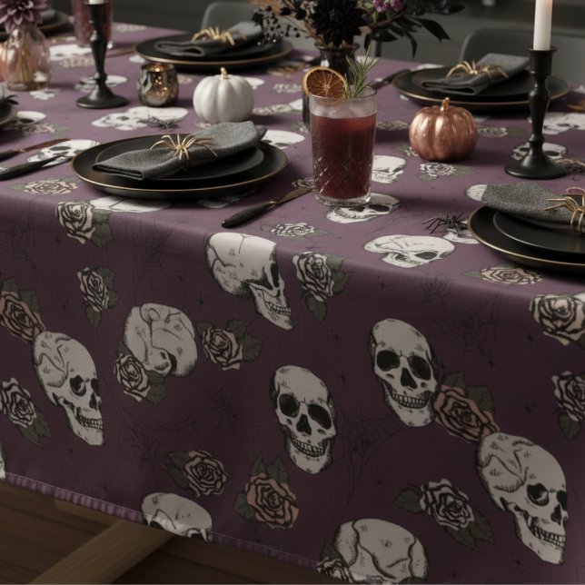 Mantel Halloween de Cránulos góticos y Rosas marrones (Purple Goth Floral Skulls Halloween, Dia de los Muertos Tablecloth Gothic Skull, Rose Flower Pattern)