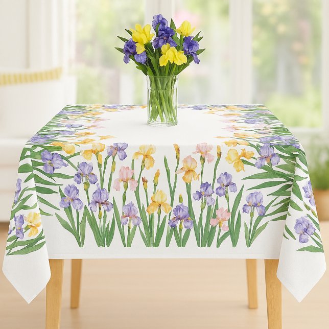 Mantel Hermosos irlandeses morados y amarillos / flor de  (Elegant watercolor iris tablecloth with edge-border design in purple, yellow, flower blooms)