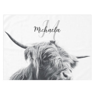 Mantel Highland cow portrait initial monogram black white