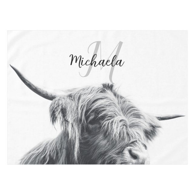 Mantel Highland cow portrait initial monogram black white (Frente (Horizontal))