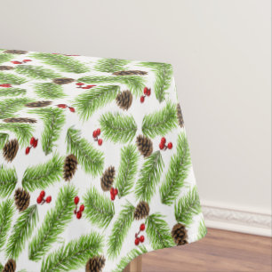 Mantel Hojas de pino verdes de Navidad, conos y bayas roj