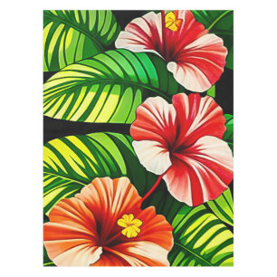 Mantel Hojas Tropicales Coloridas y Flores de Hibisco  
