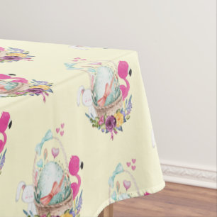 Mantel Huevo dulce, flamencos rosados y conejito, acuarel