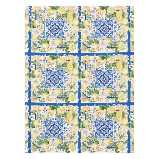 Mantel Impresión veraniega de limón mediterráneo y flores (Anverso)