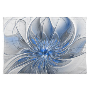 Mantel Individual Abstracto Flor de arte fractal de color gris azul