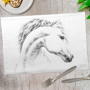 Mantel Individual Dibujo de lápiz de retrato de caballo Arte ecuestr