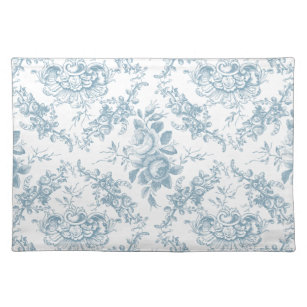 Mantel Individual Elegante tela floral azul y blanca grabada