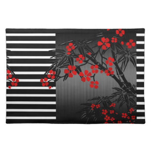 Mantel Individual Flor de bambú rojo blanco negro asiático de