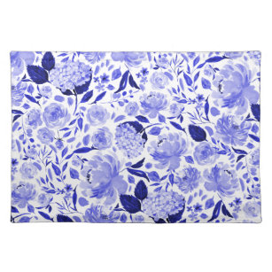 Mantel Individual Patrón floral de color azul y blanco real