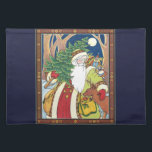 Mantel Individual Vintage Christmas, Santa Claus Deer en la selva<br><div class="desc">Ilustracion de época de estilo victoriano Feliz Navidad. Imagen de Santa Claus que muestra a San Nicolás cargando un árbol de Navidad y picando un ciervo en el bosque, una luna llena en el cielo nocturno. Un alegre Papá Noel está llevando un saco lleno de juguetes y muñecas en la...</div>