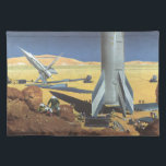 Mantel Individual Vintage Science Fiction Desert Planet con cohetes<br><div class="desc">Ilustracion vintage futurista en el espacio exterior y planetas ciencia ficción imagen del cohete. Un cohete de ciencia ficción de viajes y transporte retro en un planeta extranjero o una luna con astronautas explorando el terreno en este desconocido mundo extraterrestre. Un clásico de los años 50: el diseño de ciencia...</div>