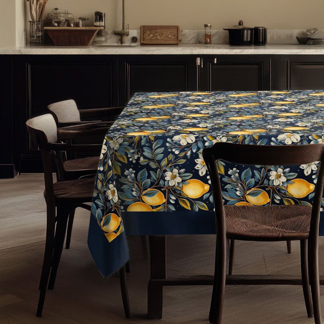 Mantel Lemones amarillos mediterráneos de verano azul mar (Summer Mediterranean yellow lemons navy blue Tablecloth)