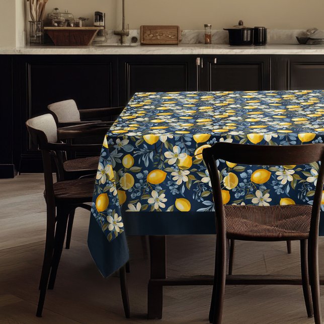 Mantel Lemones amarillos mediterráneos de verano azul mar (Summer Mediterranean yellow lemons navy blue Tablecloth)