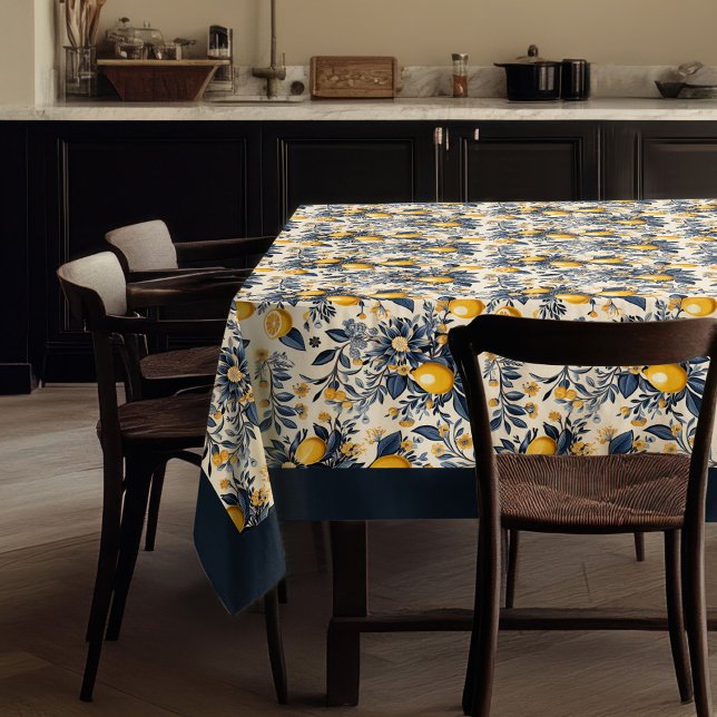 Mantel Lemones amarillos mediterráneos de verano azul mar (Summer Mediterranean yellow lemons navy blue Tablecloth)
