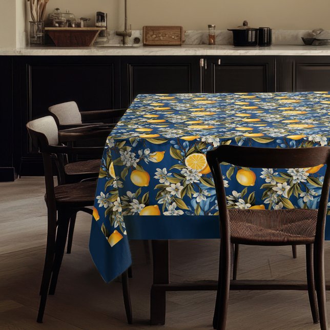 Mantel Lemones amarillos mediterráneos de verano azul mar (Summer Mediterranean yellow lemons navy blue Tablecloth)