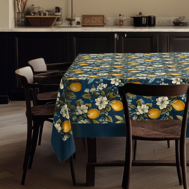 Mantel Lemones amarillos mediterráneos de verano azul mar (Summer Mediterranean yellow lemons navy blue Tablecloth)