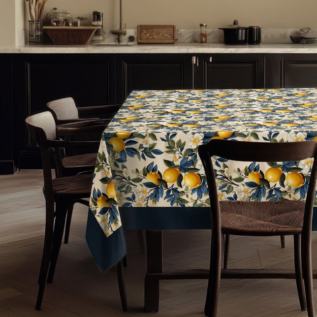 Mantel Lemones amarillos mediterráneos de verano azul mar (Summer Mediterranean yellow lemons navy blue Tablecloth)