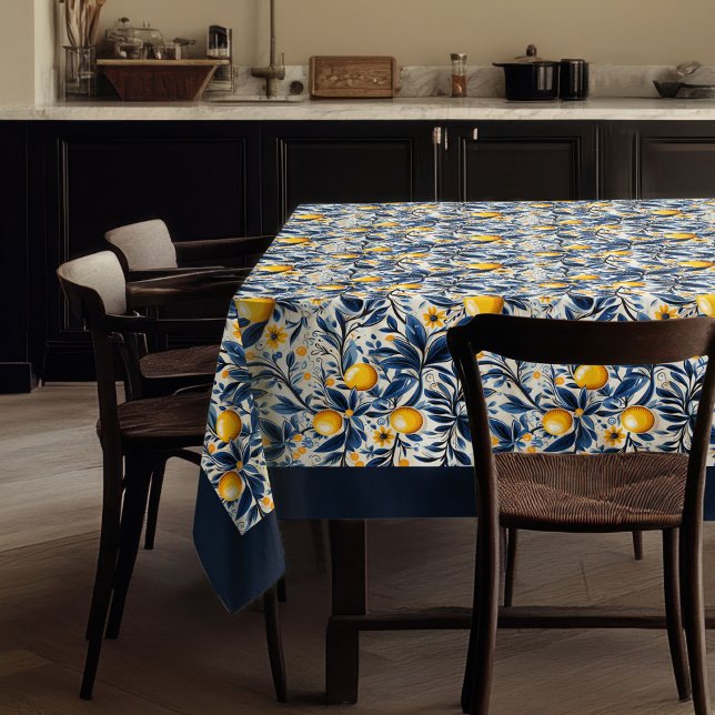 Mantel limones amarillos vibrantes mediterráneos azul mar (Mediterranean vibrant yellow lemons navy blue tablecloth)