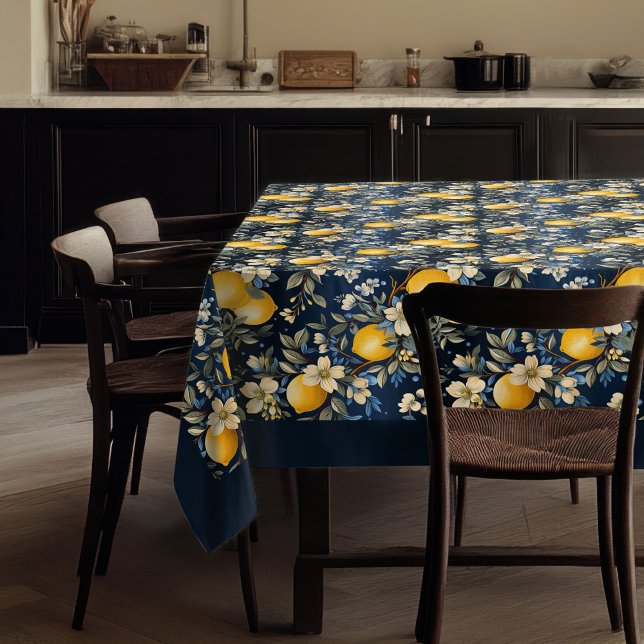 Mantel limones amarillos vibrantes mediterráneos azul mar (Mediterranean vibrant yellow lemons navy blue tablecloth)