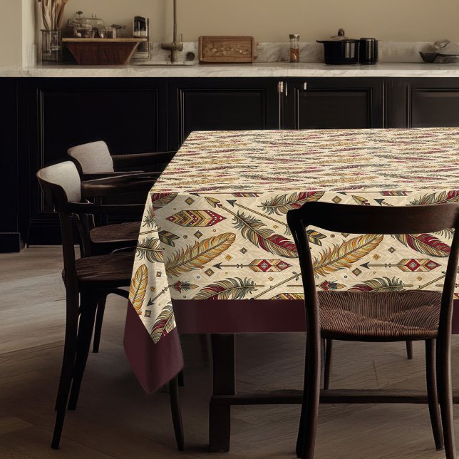 Mantel Lino de plumas y tablas de flecha de inspiración n (Native-Inspired Feather and Arrow Table Linen Tablecloth)