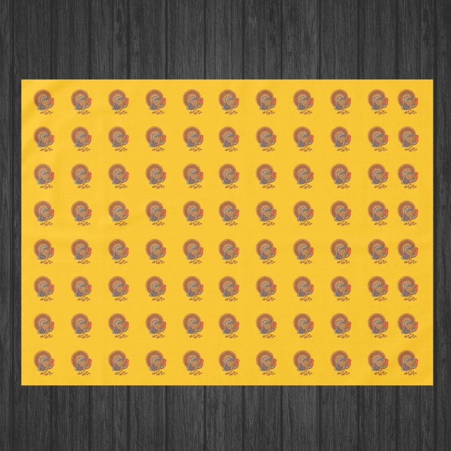 Mantel Male Thanksgiving Turkeys Fanned Tail Gold (Male turkeys fanned tails with orange brown feathers in leaves on golden Thanksgiving table cloths.)