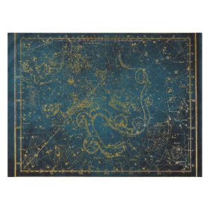 Mantel Mapa Estelar Antiguo Ilustrado Azul Oscuro y Dorad