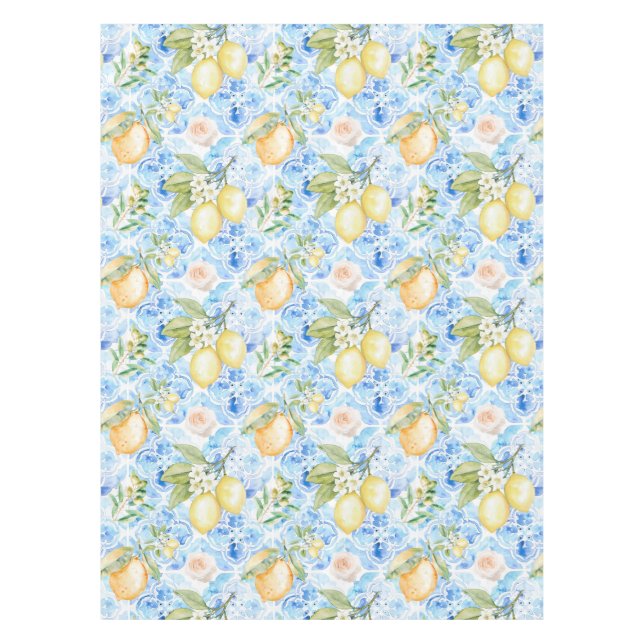 Mantel Mediterranean Blue Tile Yellow Lemon Watercolor (Anverso)