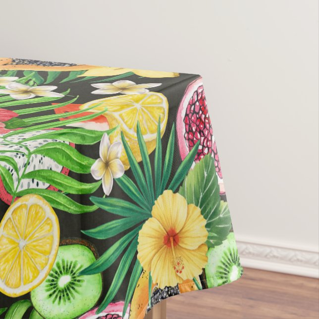 Mantel Mezcla tropical, flores y hojas en negro (In Situ)