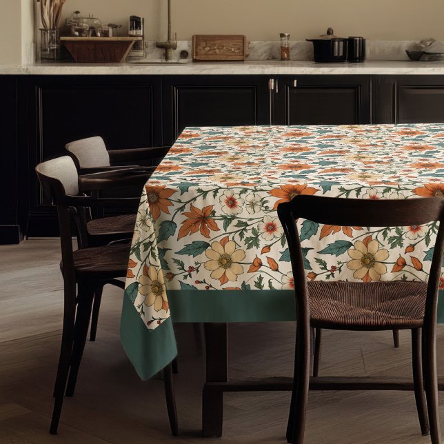 Mantel Moda otoño terracota flores blancas verde pastel (Chic fall terracotta white flowers pastel green tablecloth)