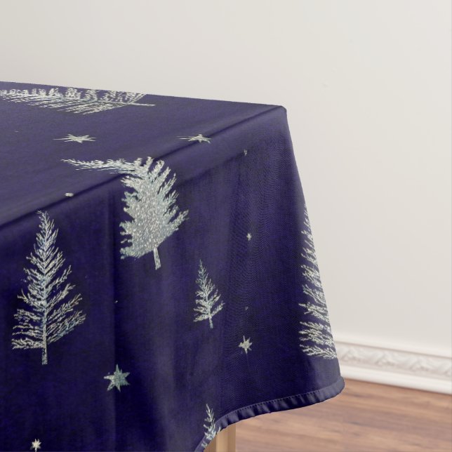 Mantel Modern Silver Glitter Christmas trees on blue (In Situ)