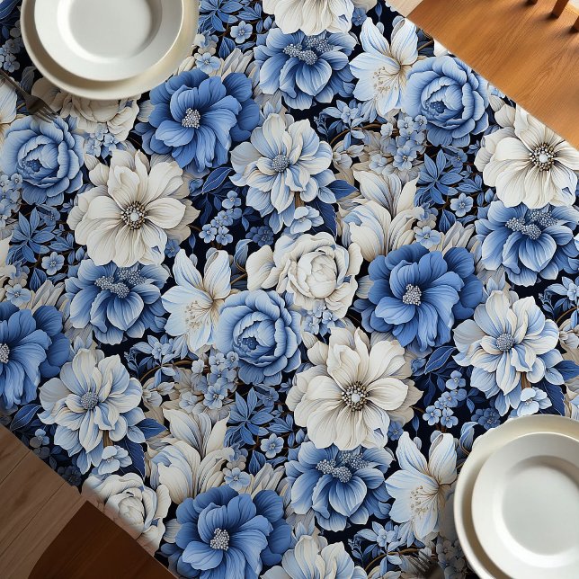Mantel Moderno Floral Azul Blanco Marfil (Chic Blue White Ivory Floral Modern Tablecloth)