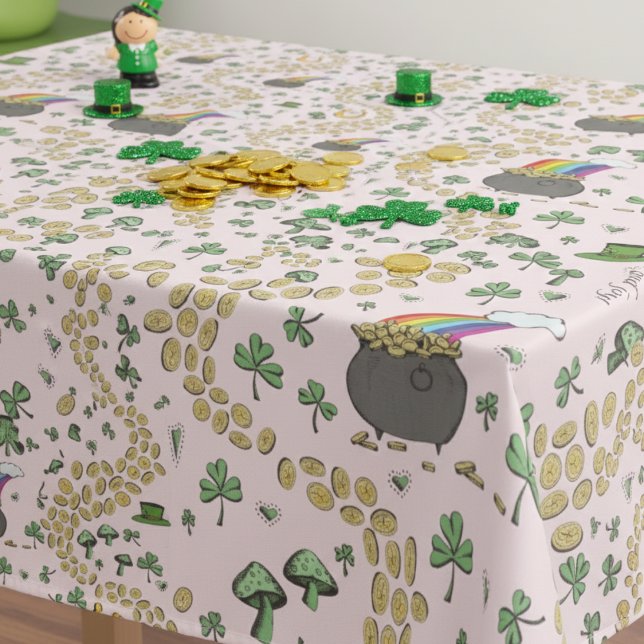 Mantel Monedas de Alegría y Chispas Verdes Día de Santa P (Pink & Green Lucky Shamrock, Pot of Gold, Rainbow & Good Luck Gold Coins St Patrick's Day Tablecloth)