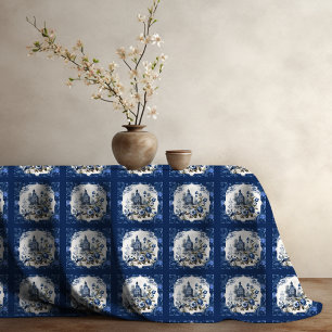 Mantel Monograma elegante de tela azul de jouy