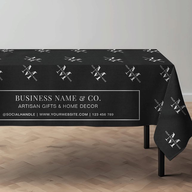 Mantel Monograma mínimo de inicio de negocio negro con ma (Minimalist black monogrammed business trade show tablecloth with fully editable text & colors)