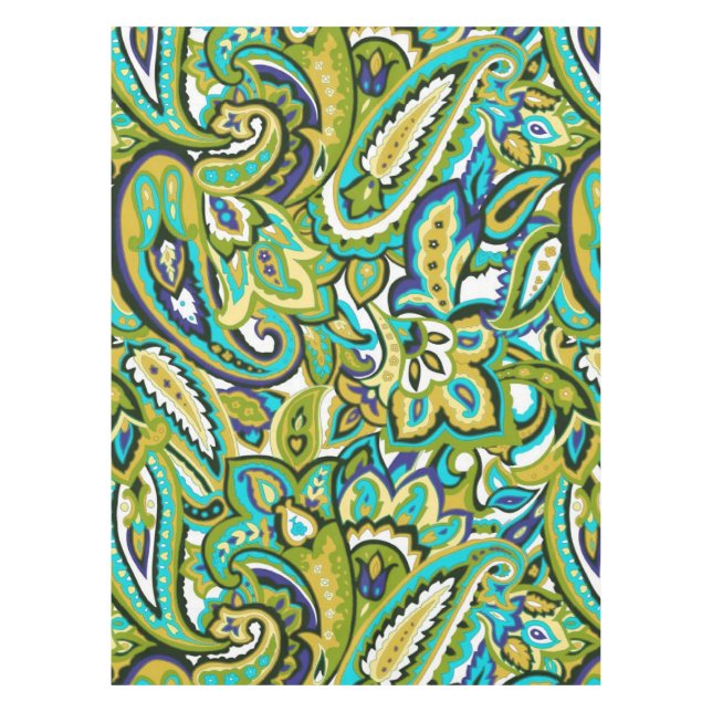 Mantel Mostaza verde oliva amarillo turquesa azul paisley (Anverso)