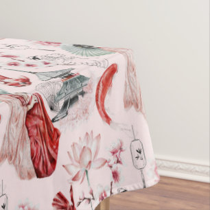 Mantel Mujer japonesa acuarela Pagoda Lotus Koi Fish