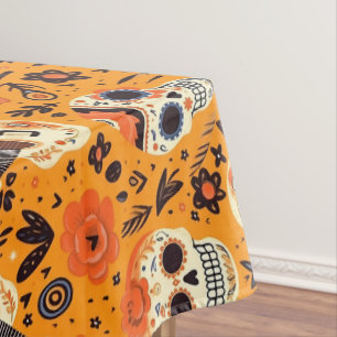 Mantel Naranja de Dia de Muertos, guitarras y cráneos del