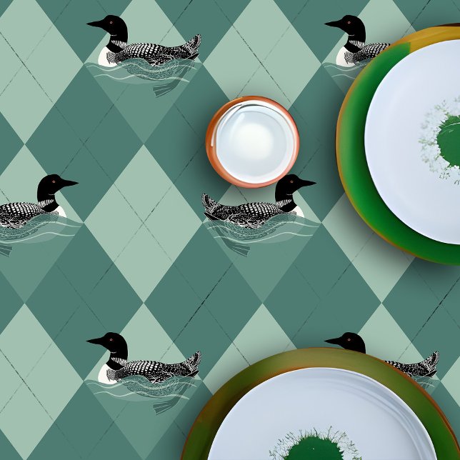 Mantel Natación Aves Loon Green Argyle Lake Decoración Ca (Lake cabin Loon pattern green argyle tablecloth)
