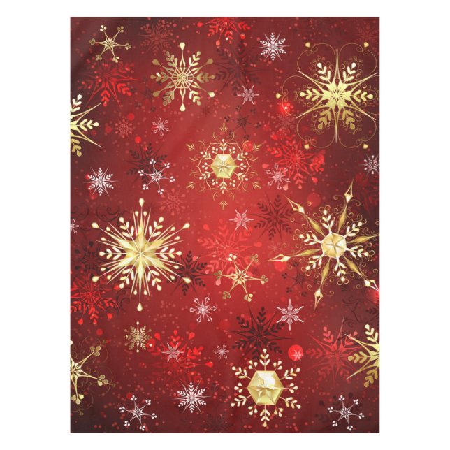Mantel Navidades Copos de nieve dorados con fondo rojo (Anverso)