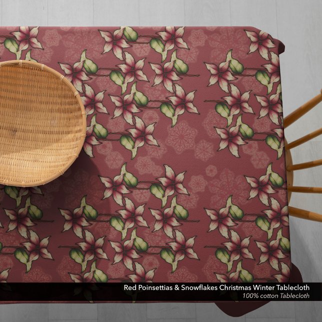 Mantel Navidades de Poinsettias Rojas y Copos de Nieve In (Red Poinsettias & Snowflakes Christmas Tablecloth. Use this Lovely  Tablecloth All Winter Season.)