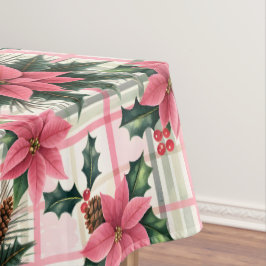 Mantel Navidades Retro Rosado Plaid Floral Feliz Navidad