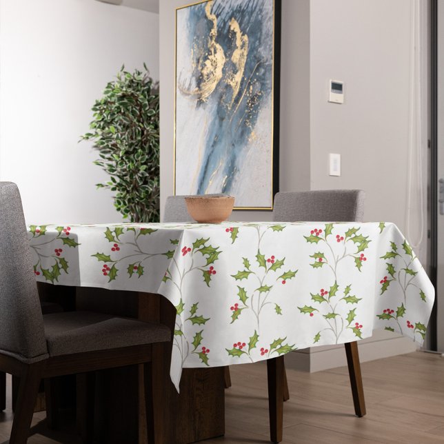 Mantel Navidades simples acuarela Holly Berries Greenery (Christmas holiday holly berried pattern tablecloth)