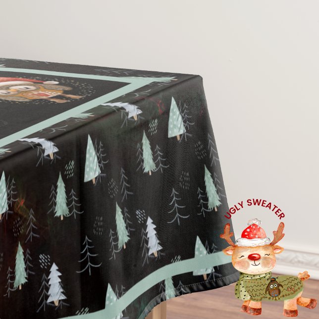Mantel Navidades suéteres feos Fiestas animales Verde azu (Ugly Sweater Christmas Party Animals Black Teal Tablecloth)