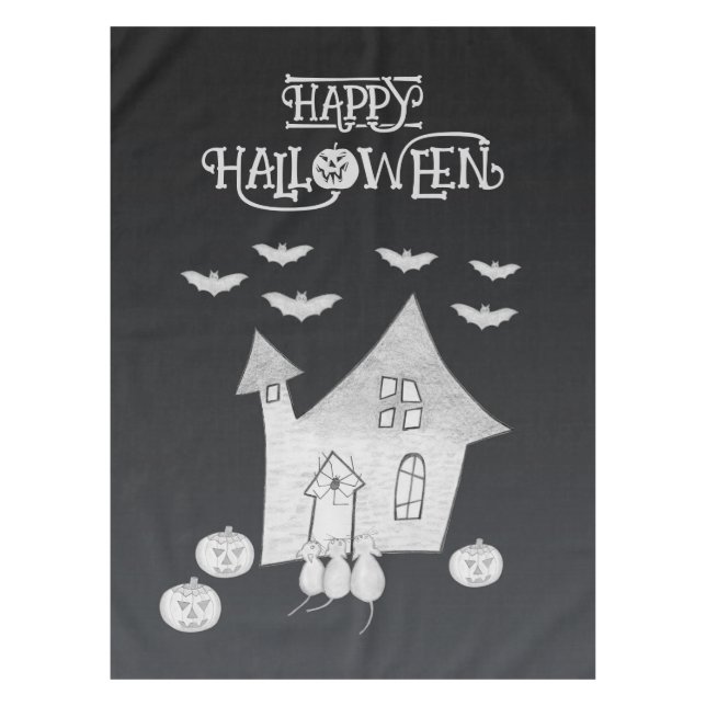 Mantel Noche de Halloween con casa embrujada, murciélagos (Anverso)