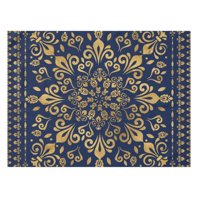 Mantel Ornamento de Damasco Oriental - Oro en azul oscuro (Frente (Horizontal))