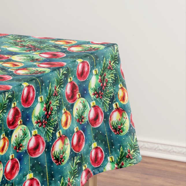 Mantel Ornamentos navideños acuarelas, verde rojo y Verde (In Situ)