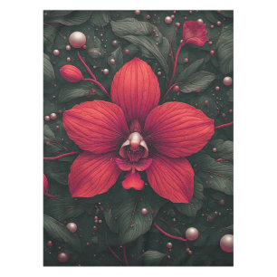Mantel Orquídea Roja en Flor con Hojas Verdes