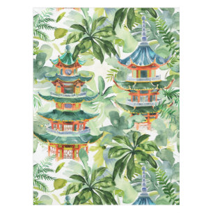 Mantel Pagoda asiática acuarela en paisaje verde (11)