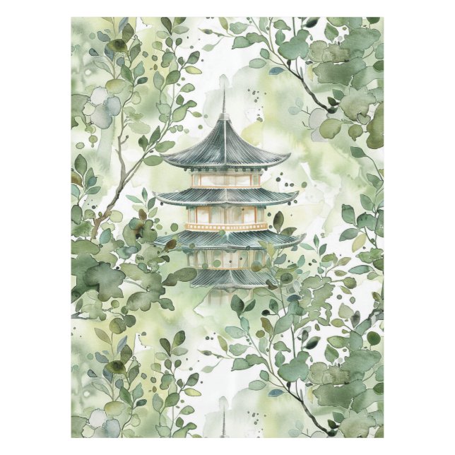 Mantel Pagoda asiática acuarela en paisaje verde (13) (Anverso)