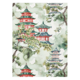 Mantel Pagoda asiática acuarela en paisaje verde (4)